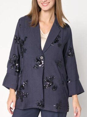 Marla Wynne Sequin Blazer Womens Medium Blue Black Evening Jacket Artsy